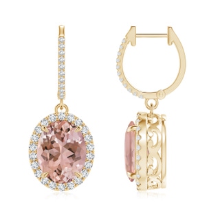 10x8mm AAAA Oval Morganite Dangle Earrings with Diamond Halo in Yellow Gold