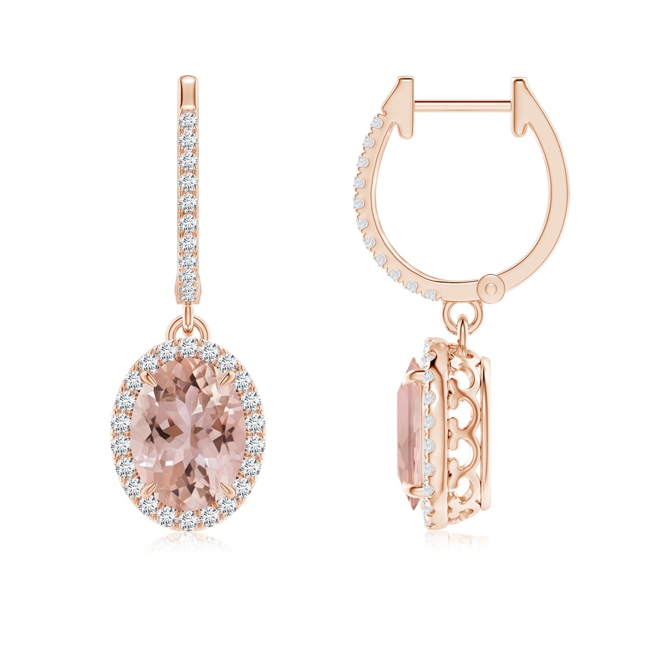 8x6mm AAA Oval Morganite Dangle Earrings with Diamond Halo in Rose Gold 