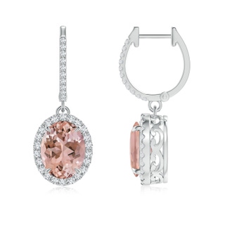 9x7mm AAAA Oval Morganite Dangle Earrings with Diamond Halo in P950 Platinum