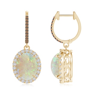 10x8mm AAA Oval Opal Dangle Earrings with Coffee and White Diamond in Yellow Gold