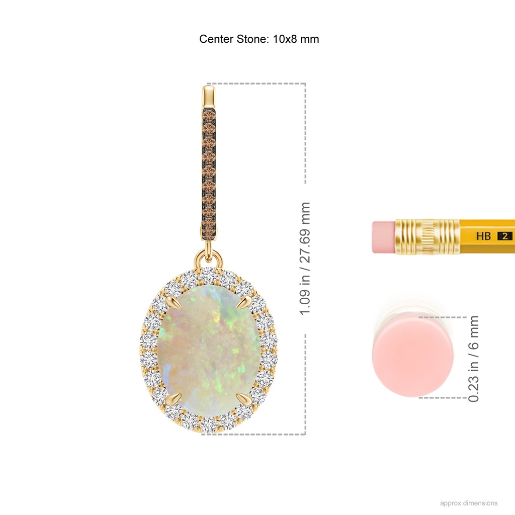 10x8mm AAA Oval Opal Dangle Earrings with Coffee and White Diamond in Yellow Gold Ruler
