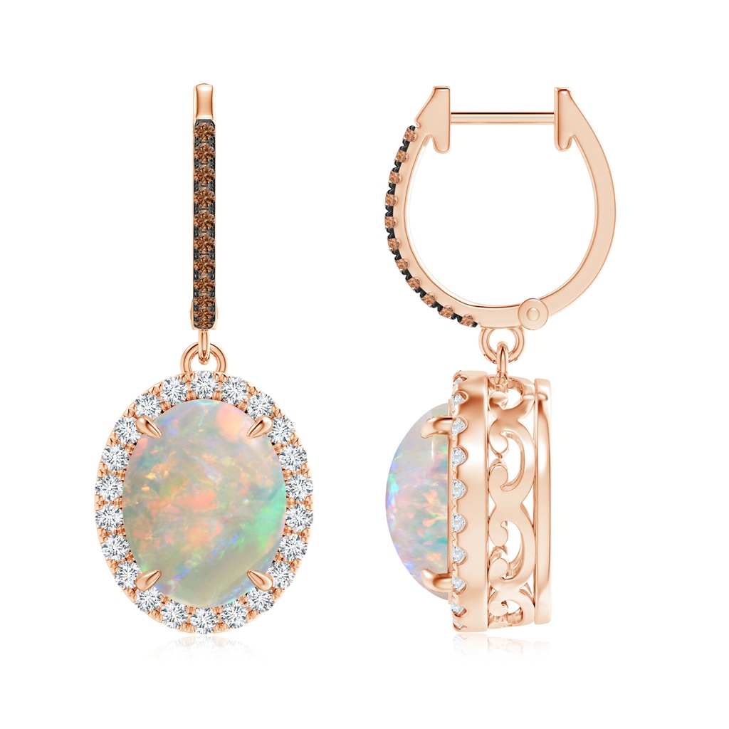 10x8mm AAAA Oval Opal Dangle Earrings with Coffee and White Diamond in Rose Gold
