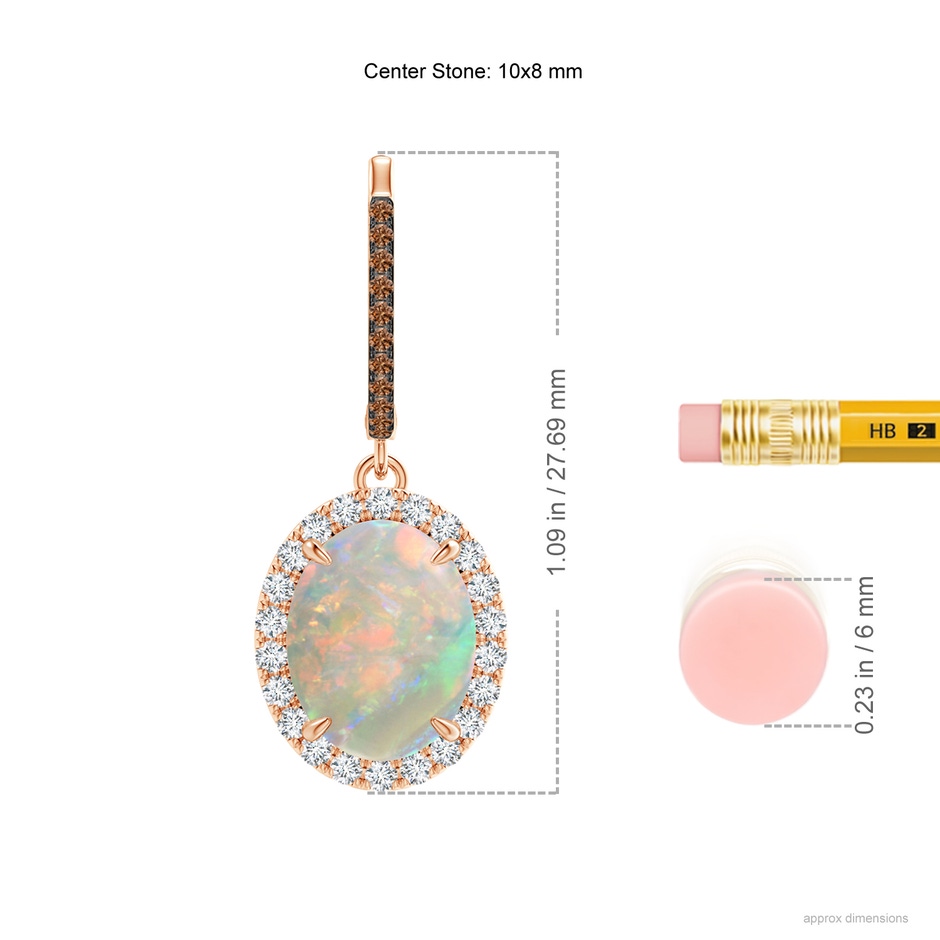 10x8mm AAAA Oval Opal Dangle Earrings with Coffee and White Diamond in Rose Gold ruler