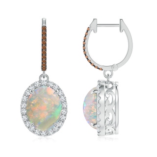 10x8mm AAAA Oval Opal Dangle Earrings with Coffee and White Diamond in White Gold