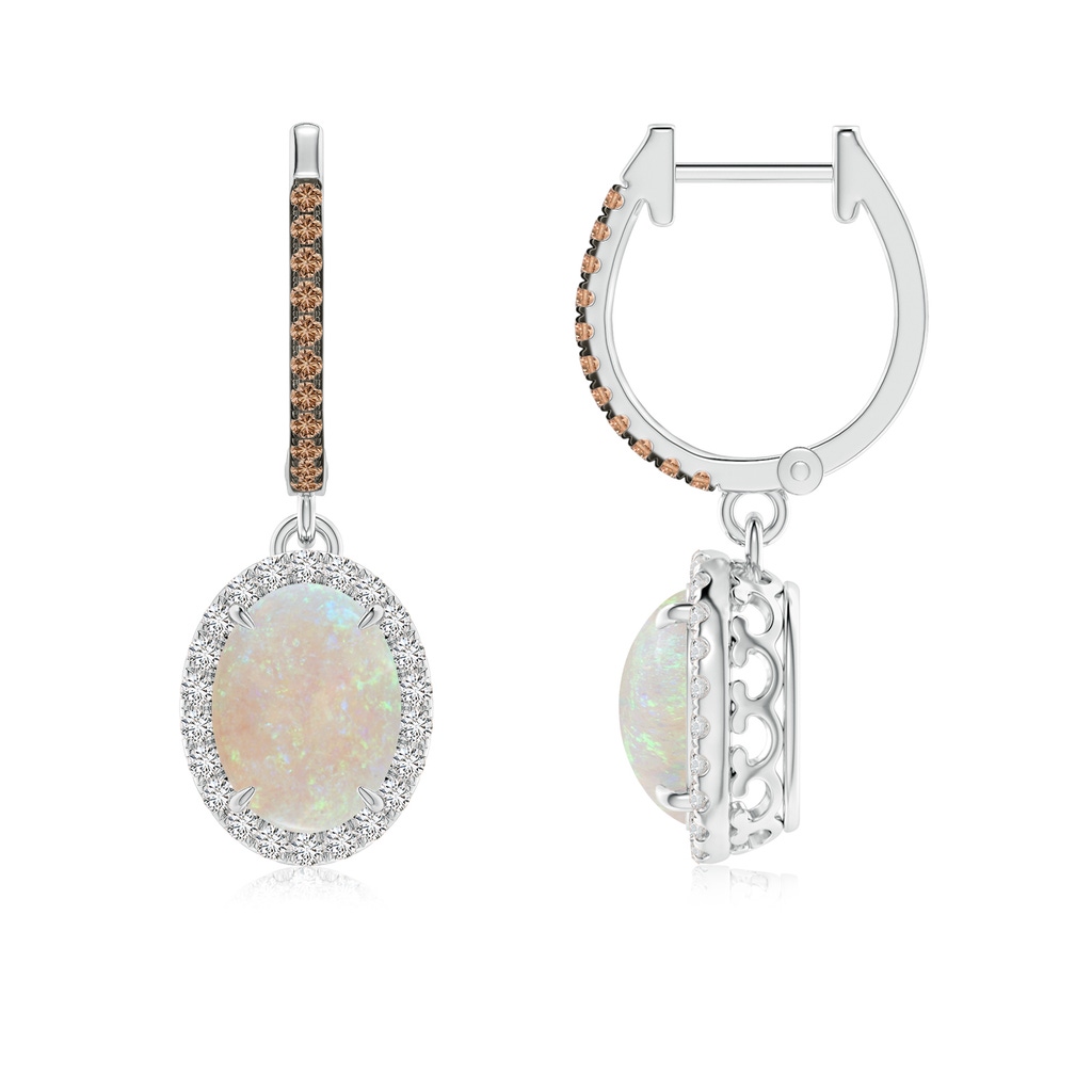 8x6mm AAA Oval Opal Dangle Earrings with Coffee and White Diamond in White Gold