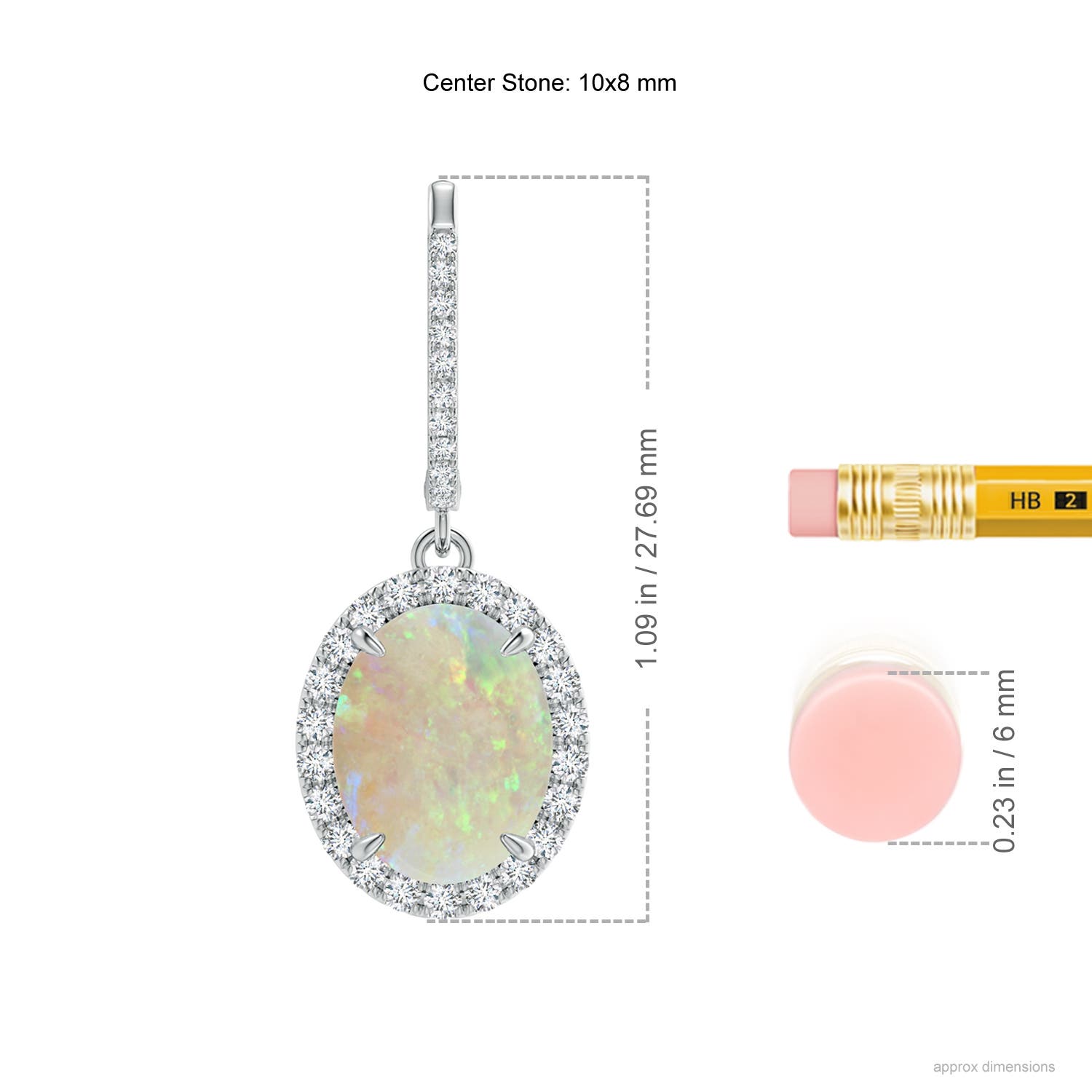 10x8mm AAA Oval Opal Dangle Earrings with Diamond Halo in P950 Platinum - ruler