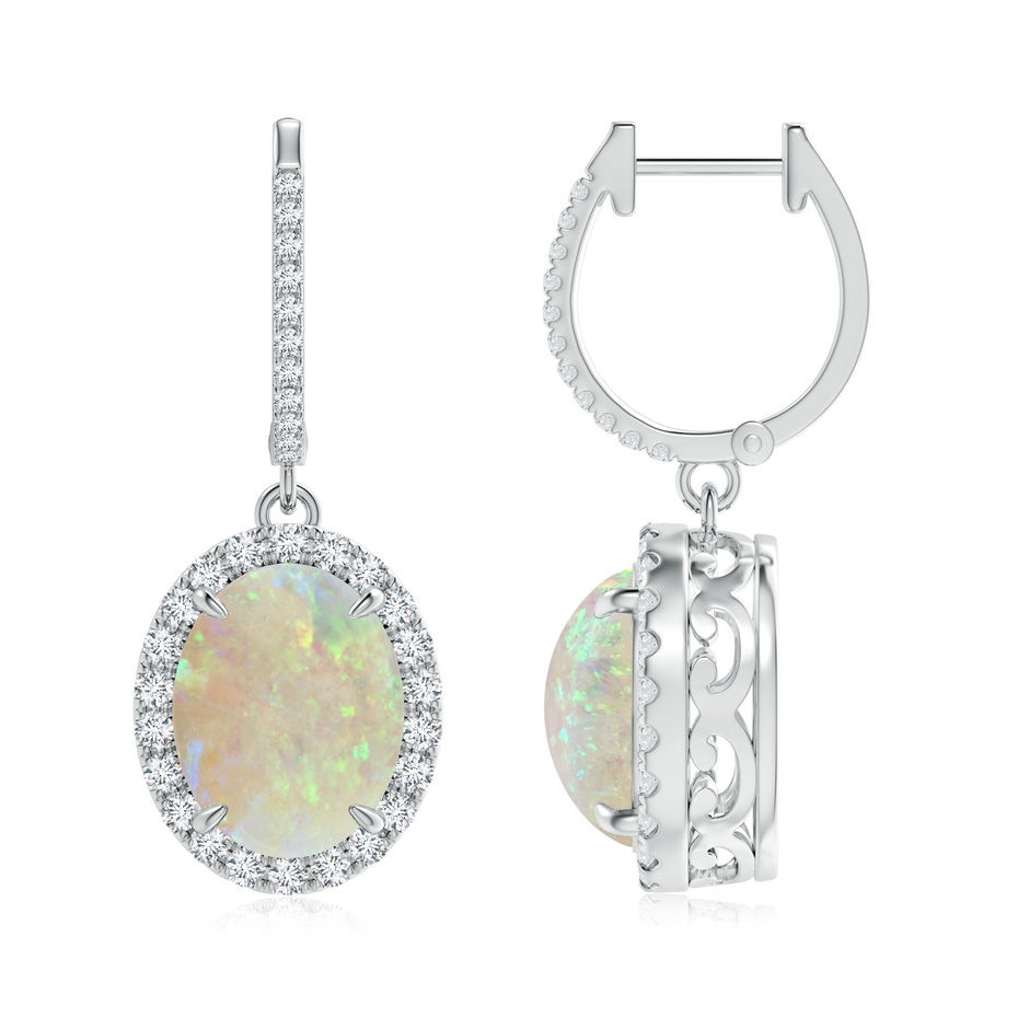 10x8mm AAA Oval Opal Dangle Earrings with Diamond Halo in White Gold 