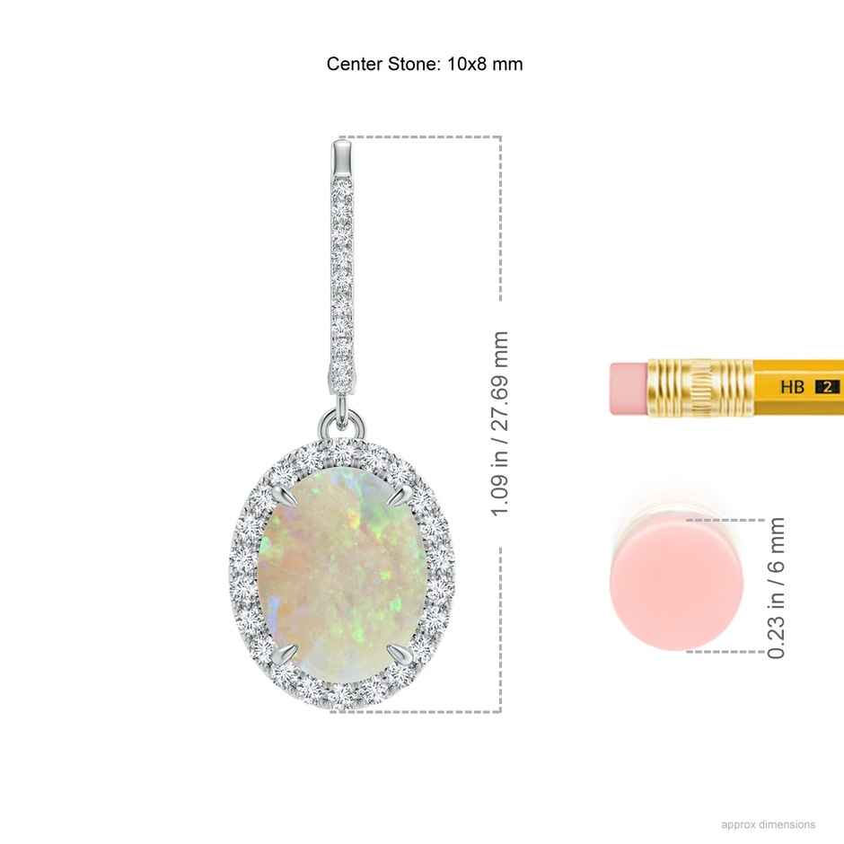 10x8mm AAA Oval Opal Dangle Earrings with Diamond Halo in White Gold ruler