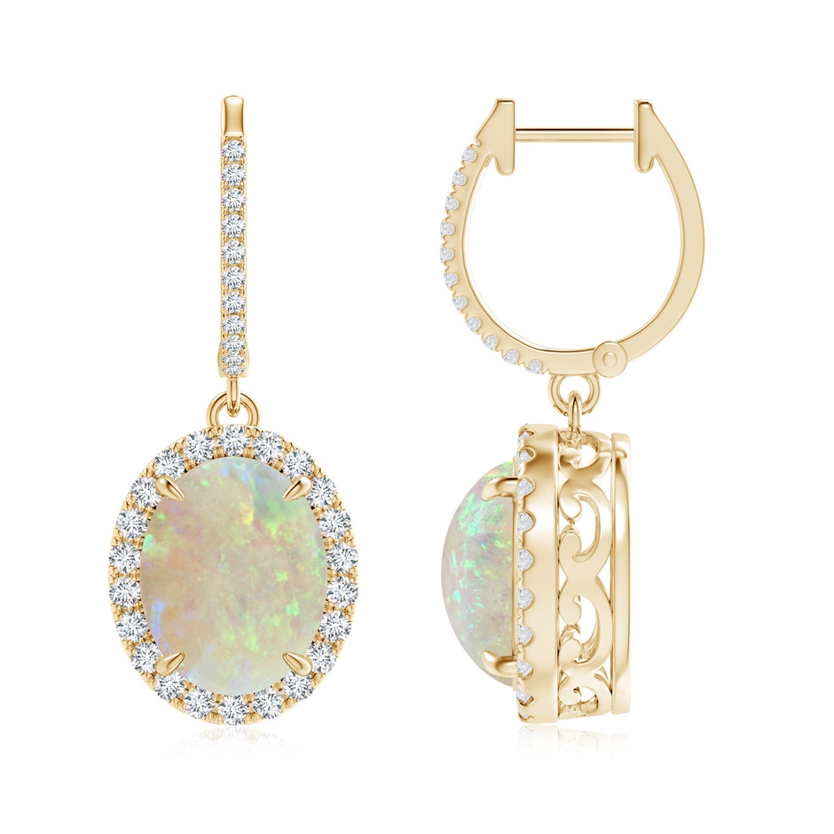10x8mm AAA Oval Opal Dangle Earrings with Diamond Halo in Yellow Gold 
