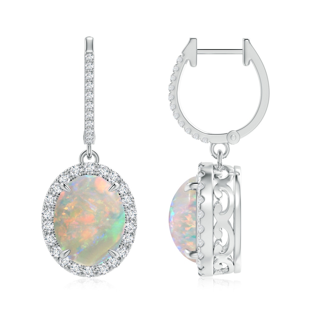 10x8mm AAAA Oval Opal Dangle Earrings with Diamond Halo in White Gold
