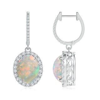 10x8mm AAAA Oval Opal Dangle Earrings with Diamond Halo in White Gold