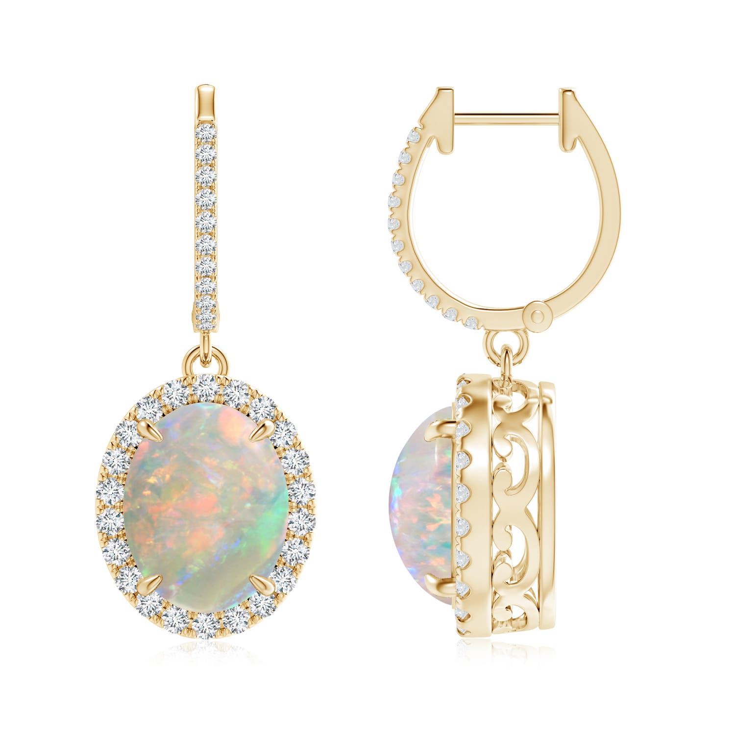 Oval Opal Dangle Earrings with Diamond Halo | Angara
