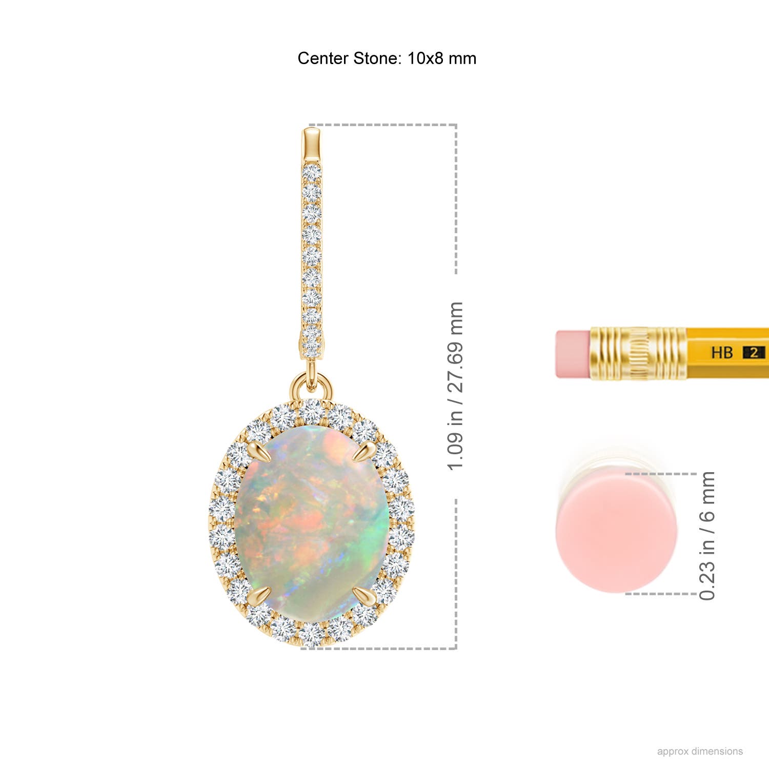 10x8mm AAAA Oval Opal Dangle Earrings with Diamond Halo in Yellow Gold - ruler