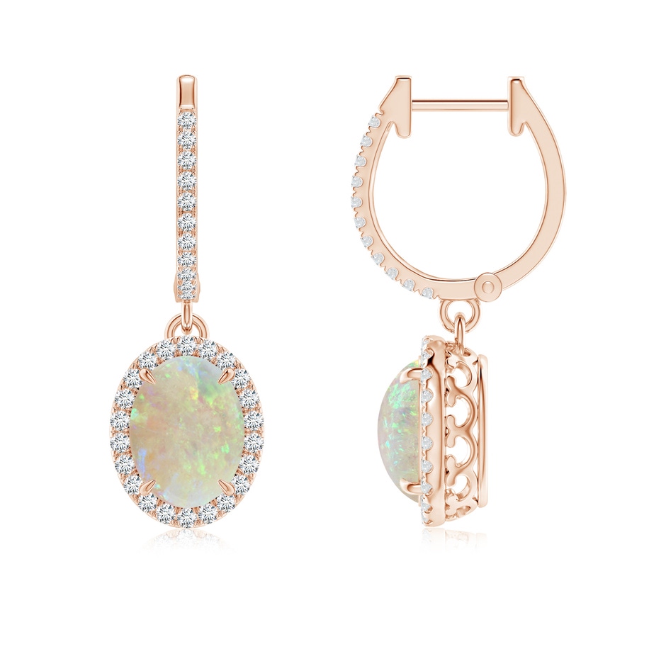 8x6mm AAA Oval Opal Dangle Earrings with Diamond Halo in Rose Gold 