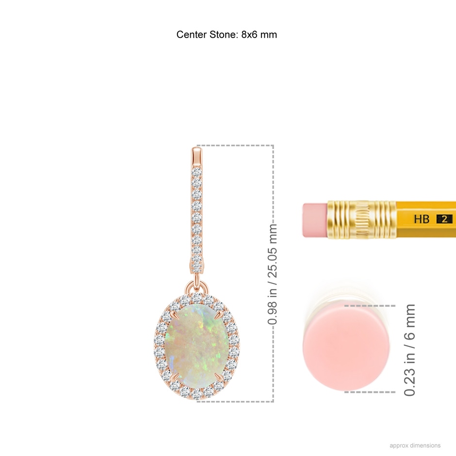 8x6mm AAA Oval Opal Dangle Earrings with Diamond Halo in Rose Gold ruler