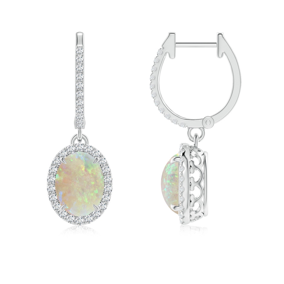 8x6mm AAA Oval Opal Dangle Earrings with Diamond Halo in White Gold 