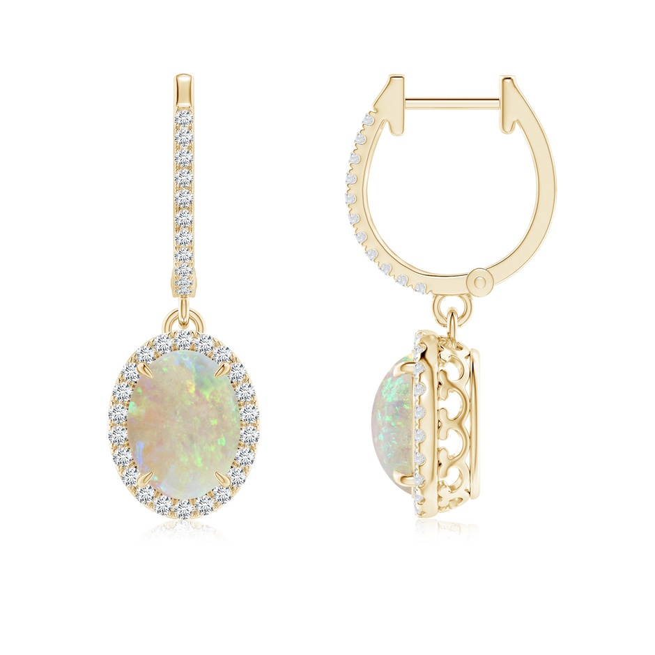 8x6mm AAA Oval Opal Dangle Earrings with Diamond Halo in Yellow Gold 