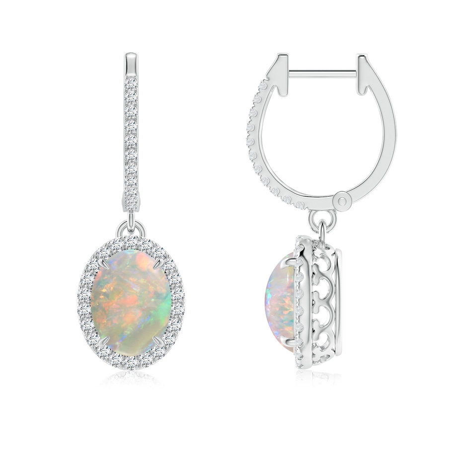 8x6mm AAAA Oval Opal Dangle Earrings with Diamond Halo in P950 Platinum 