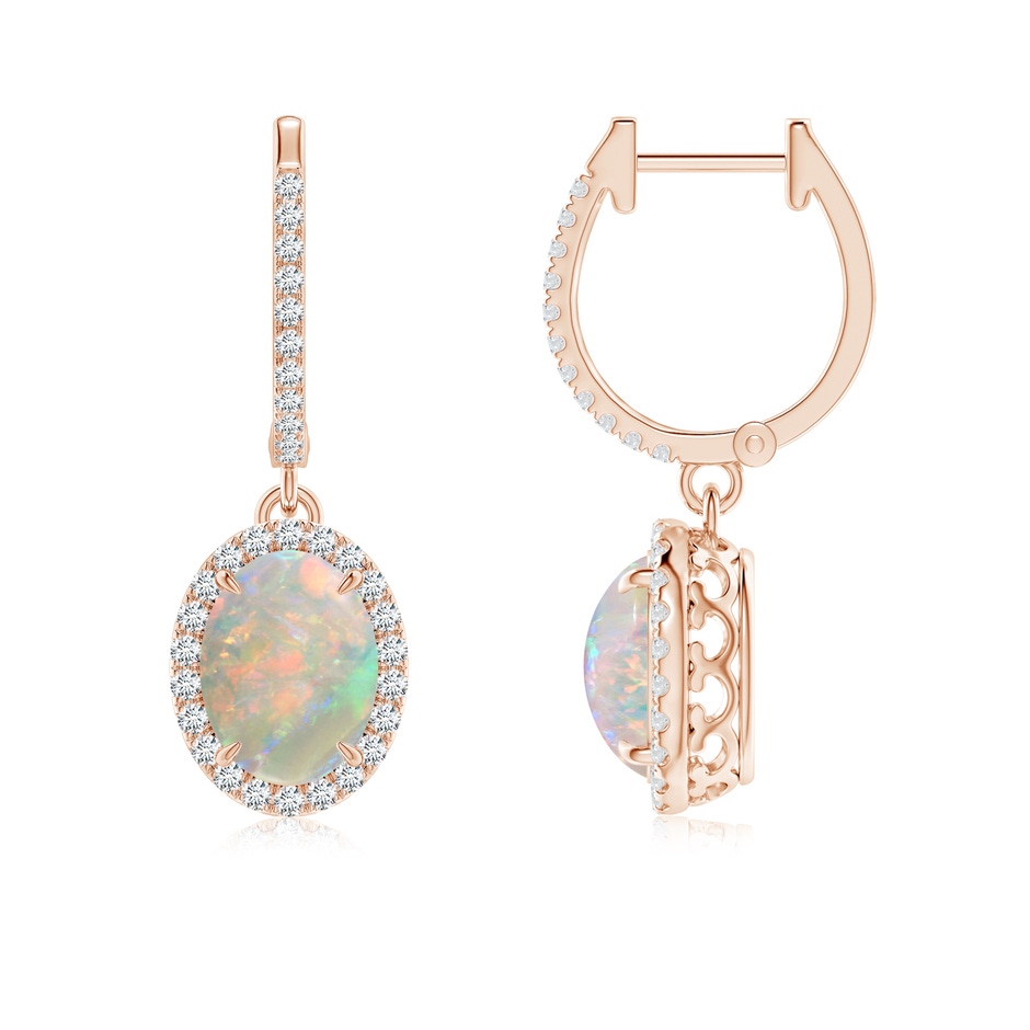 8x6mm AAAA Oval Opal Dangle Earrings with Diamond Halo in Rose Gold 
