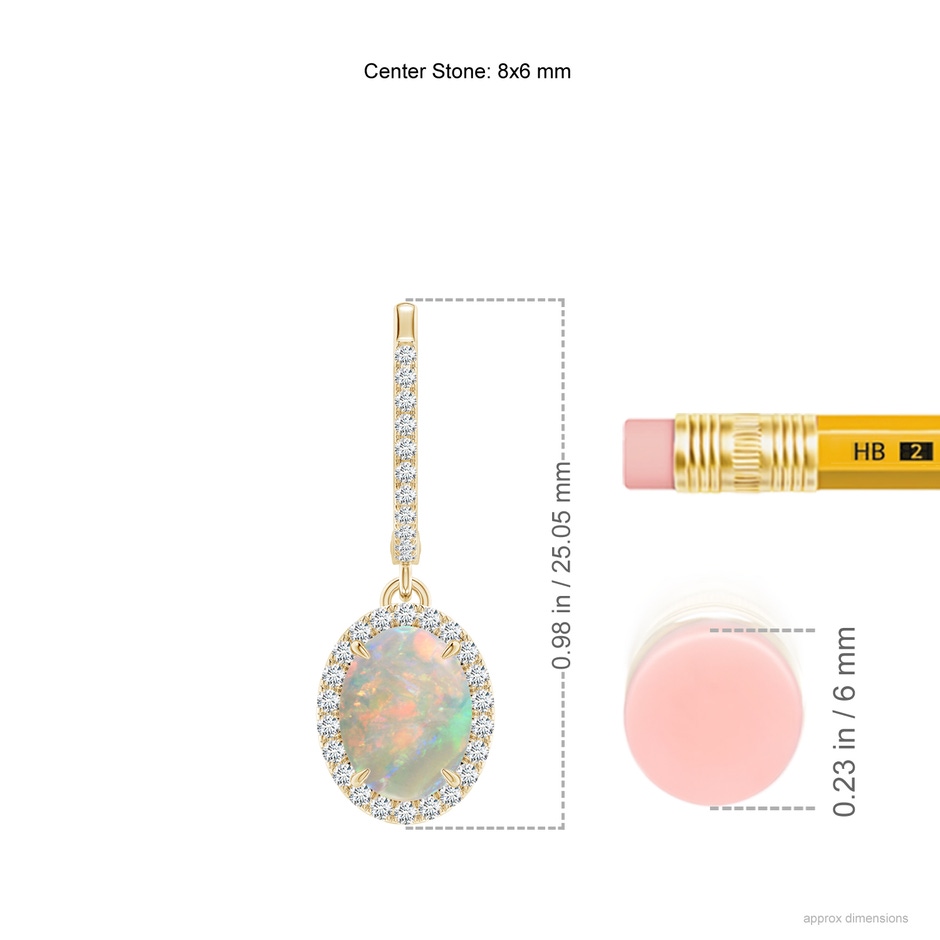 8x6mm AAAA Oval Opal Dangle Earrings with Diamond Halo in Yellow Gold ruler