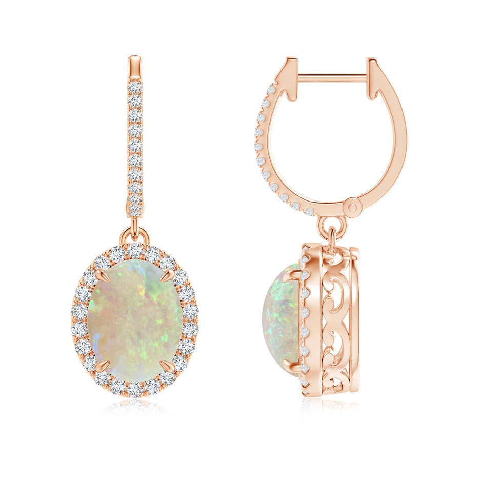 9x7mm AAA Oval Opal Dangle Earrings with Diamond Halo in Rose Gold 