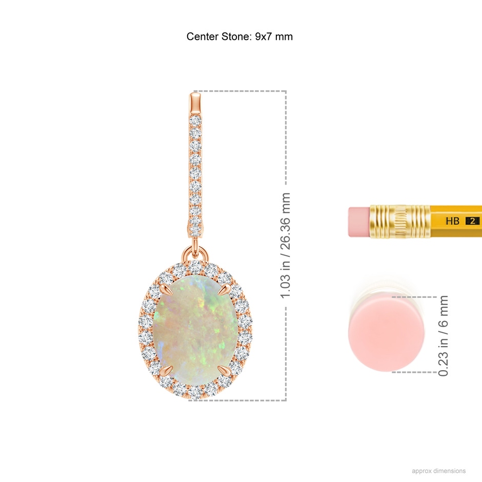 9x7mm AAA Oval Opal Dangle Earrings with Diamond Halo in Rose Gold ruler