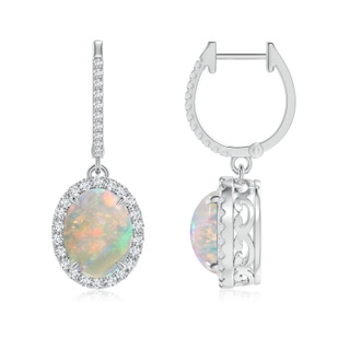 9x7mm AAAA Oval Opal Dangle Earrings with Diamond Halo in P950 Platinum
