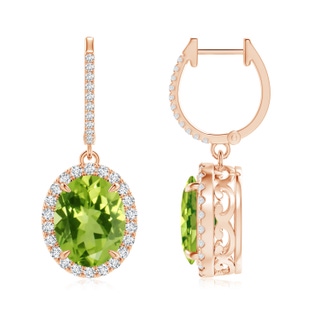 10x8mm AAA Oval Peridot Dangle Earrings with Diamond Halo in Rose Gold