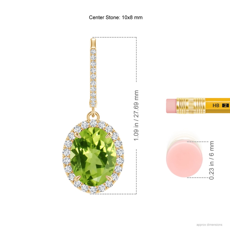 10x8mm AAA Oval Peridot Dangle Earrings with Diamond Halo in Yellow Gold ruler