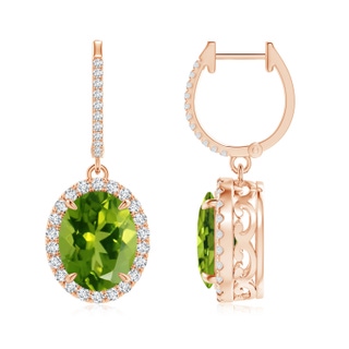 10x8mm AAAA Oval Peridot Dangle Earrings with Diamond Halo in Rose Gold