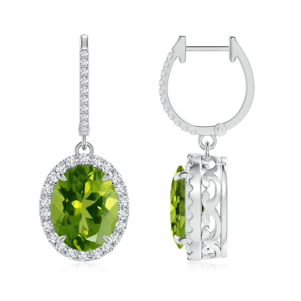 10x8mm AAAA Oval Peridot Dangle Earrings with Diamond Halo in White Gold