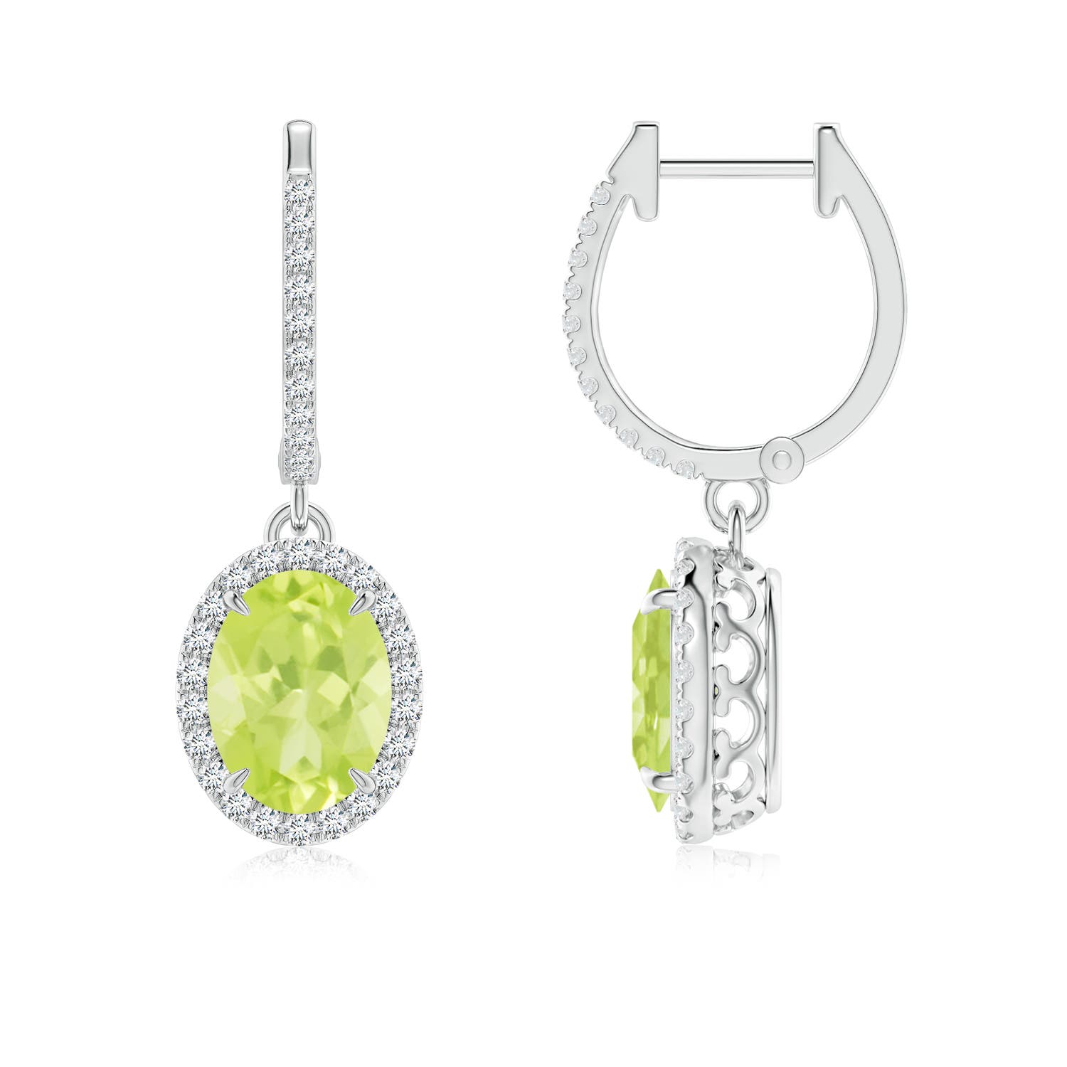 8x6mm A Oval Peridot Dangle Earrings with Diamond Halo in 18CT White Gold