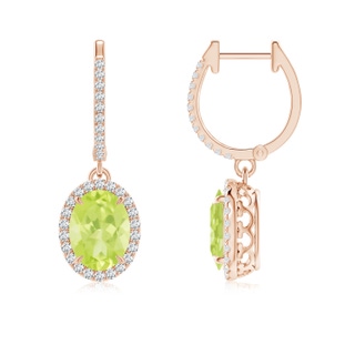 8x6mm A Oval Peridot Dangle Earrings with Diamond Halo in 9K Rose Gold