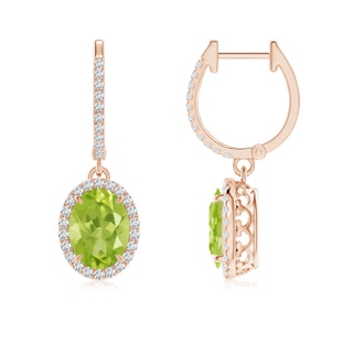 8x6mm AA Oval Peridot Dangle Earrings with Diamond Halo in 9K Rose Gold