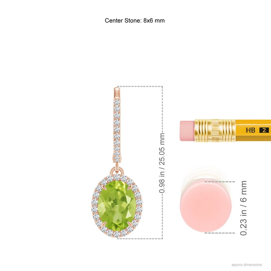 8x6mm AA Oval Peridot Dangle Earrings with Diamond Halo in Rose Gold ruler