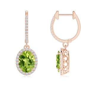 8x6mm AAA Oval Peridot Dangle Earrings with Diamond Halo in 9K Rose Gold