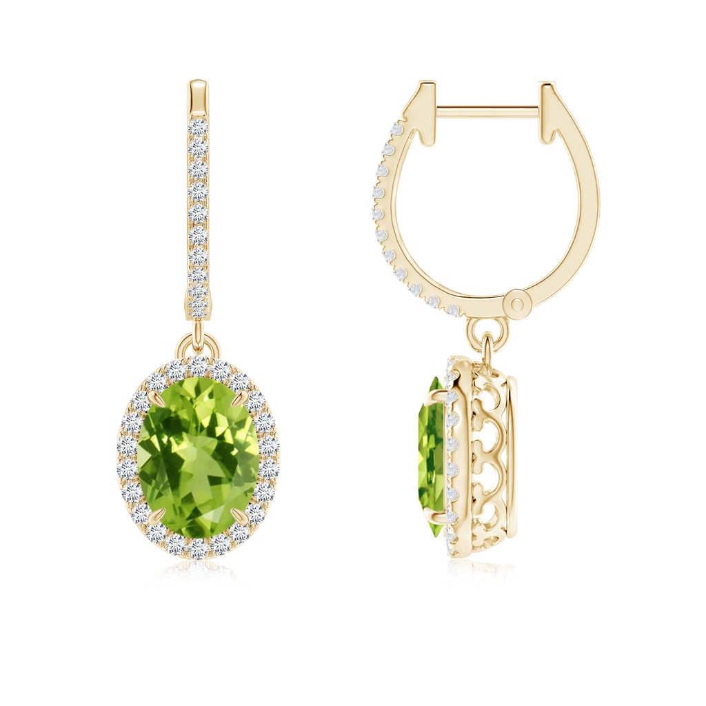 8x6mm AAA Oval Peridot Dangle Earrings with Diamond Halo in Yellow Gold