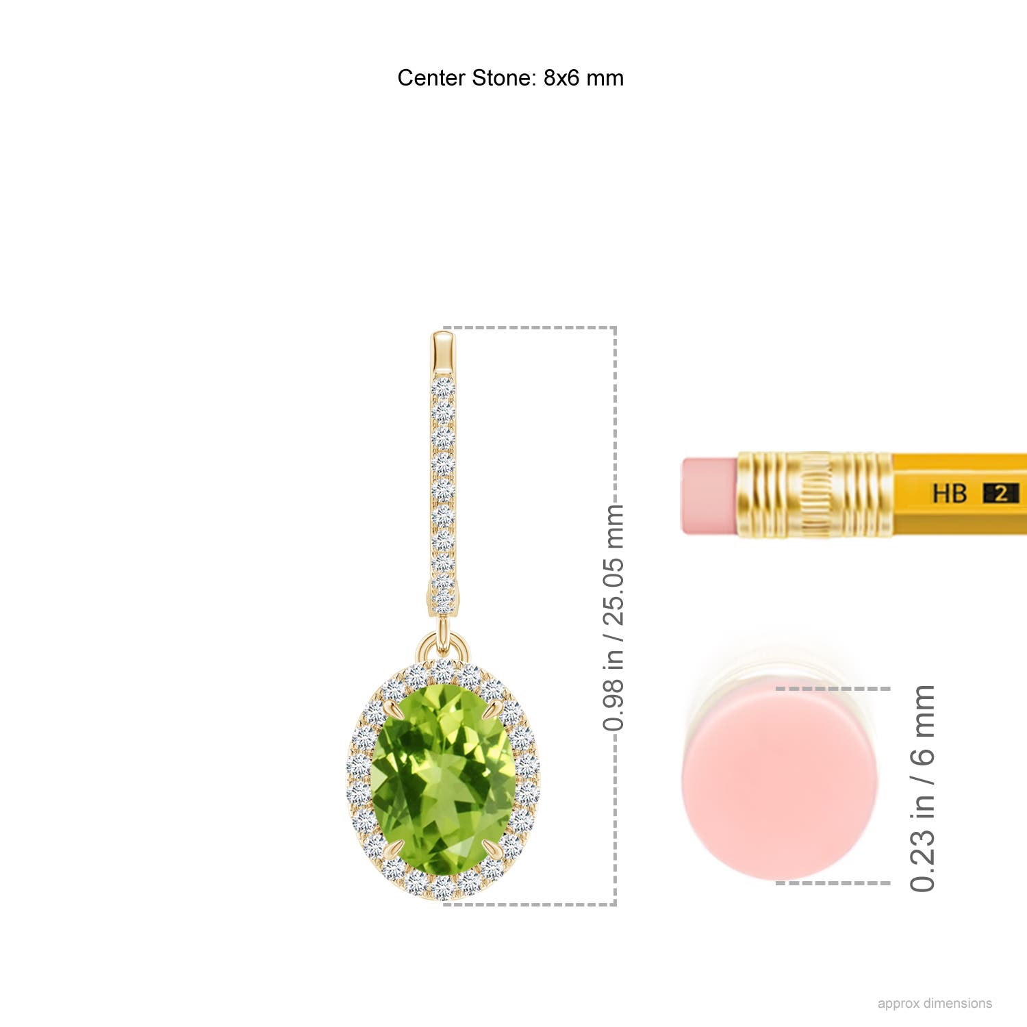 8x6mm AAA Oval Peridot Dangle Earrings with Diamond Halo in Yellow Gold - ruler