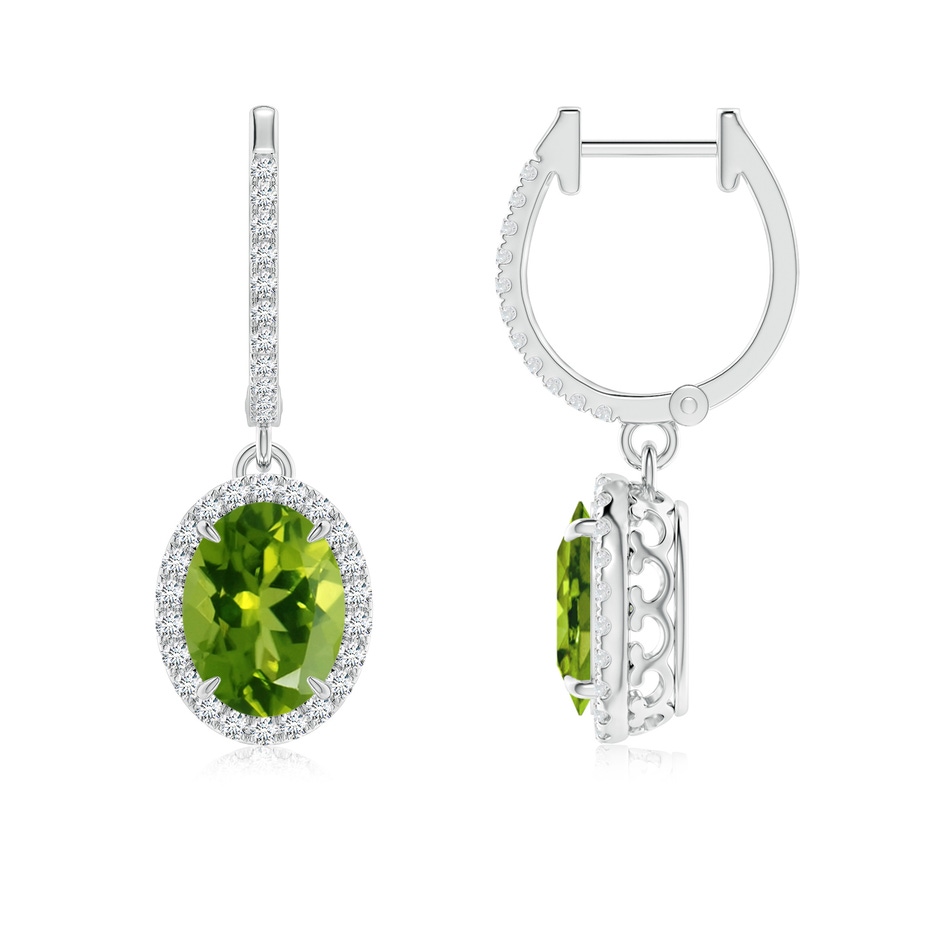 8x6mm AAAA Oval Peridot Dangle Earrings with Diamond Halo in 9K White Gold 