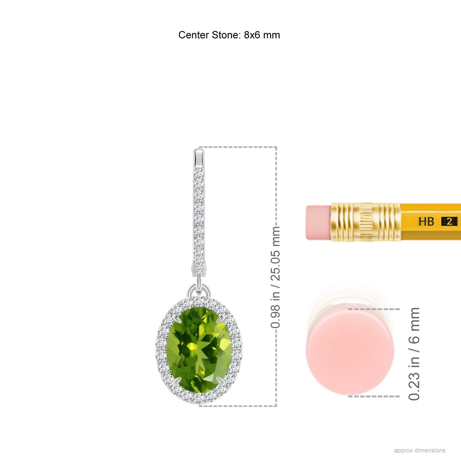 8x6mm AAAA Oval Peridot Dangle Earrings with Diamond Halo in 9K White Gold ruler