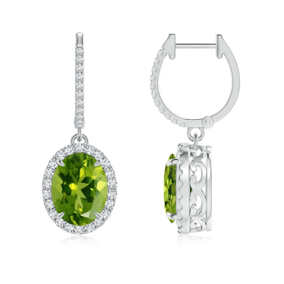9x7mm AAAA Oval Peridot Dangle Earrings with Diamond Halo in P950 Platinum 