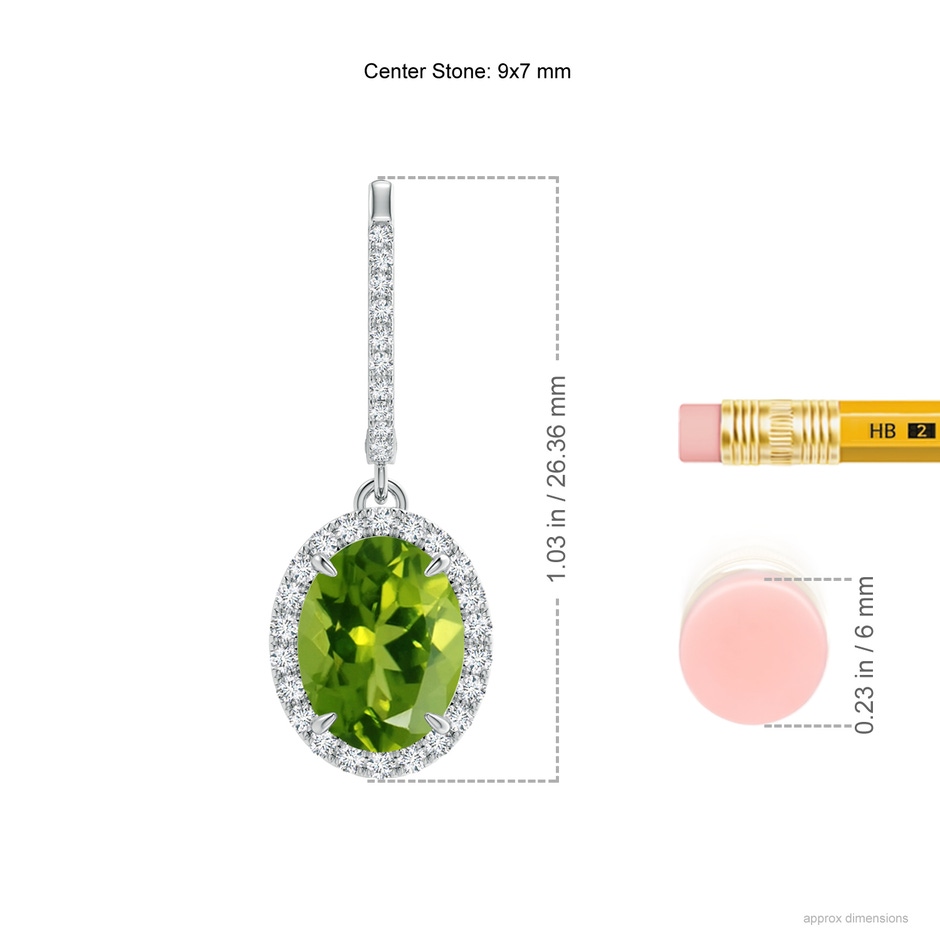 9x7mm AAAA Oval Peridot Dangle Earrings with Diamond Halo in P950 Platinum ruler