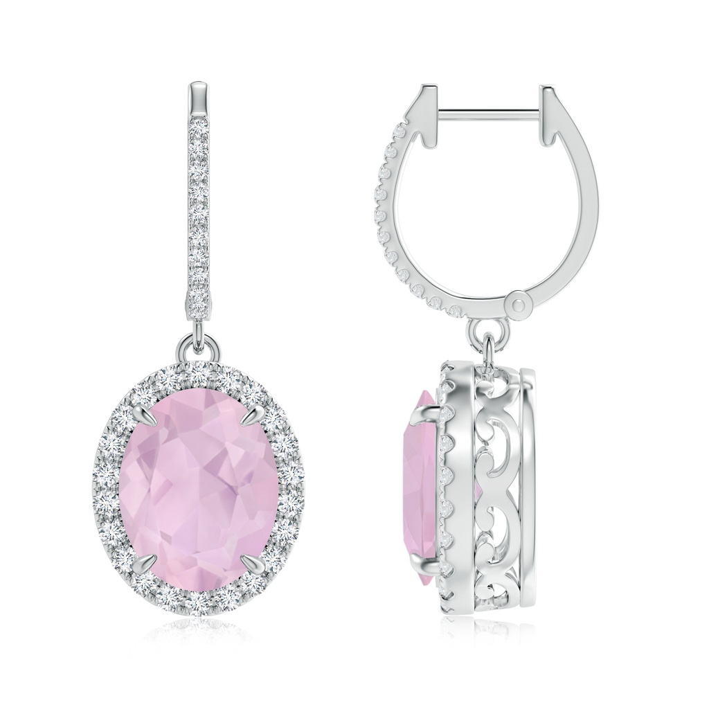 10x8mm AAA Oval Rose Quartz Dangle Earrings with Diamond Halo in White Gold