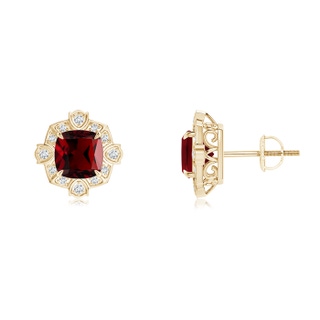 6mm AAAA Victorian Style Cushion Garnet Halo Stud Earrings in Yellow Gold