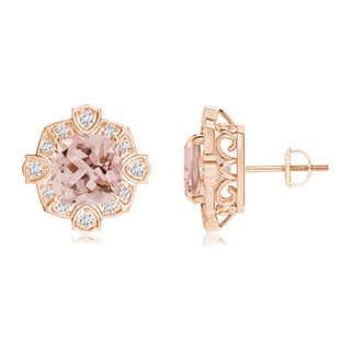 8mm AAA Victorian Style Cushion Morganite Halo Stud Earrings in Rose Gold