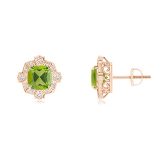 6mm AAA Victorian Style Cushion Peridot Halo Stud Earrings in Rose Gold