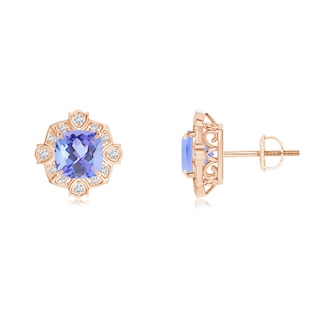 6mm A Victorian Style Cushion Tanzanite Halo Stud Earrings in Rose Gold