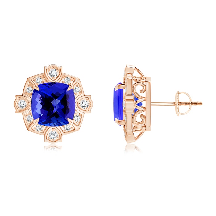 8mm AAAA Victorian Style Cushion Tanzanite Halo Stud Earrings in Rose Gold 
