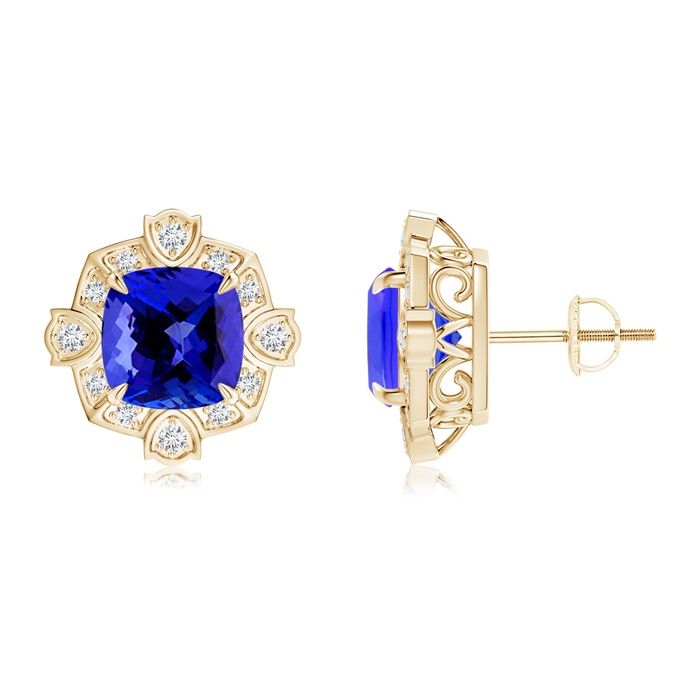 8mm AAAA Victorian Style Cushion Tanzanite Halo Stud Earrings in Yellow Gold