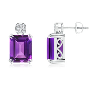 10x8mm AAAA Emerald-Cut Amethyst Cocktail Earrings with Diamond Clustre in White Gold